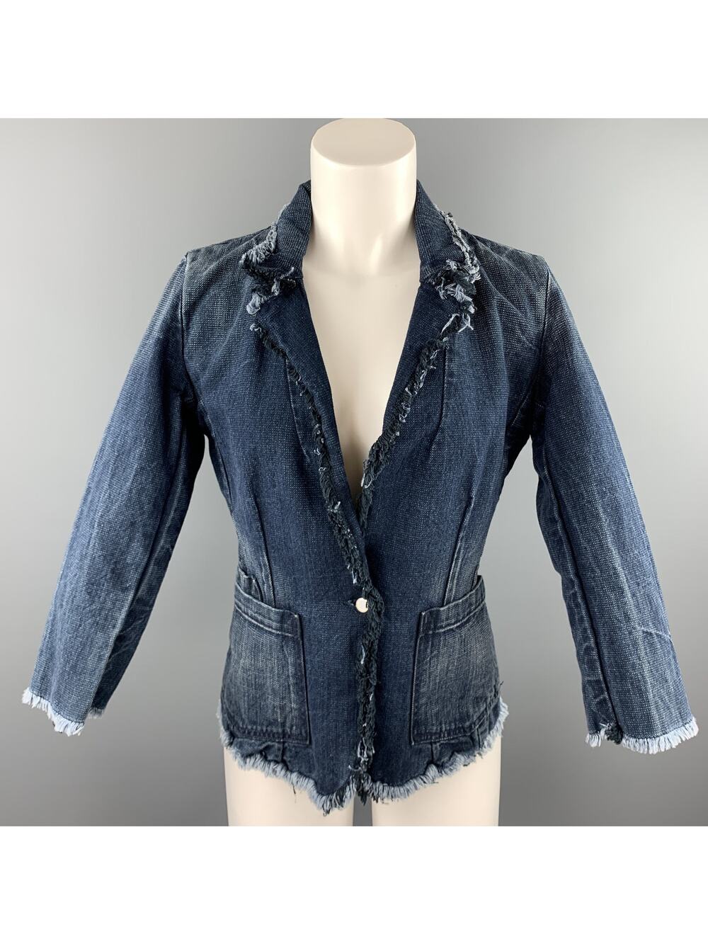TORTOISE Size S Navy Distressed Raw Hem Denim Blazer